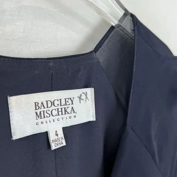 Badgley Mischka Collection Long Sleeve Pleated Wrap Gown Maxi Dress Midnight 4 - Picture 4 of 11